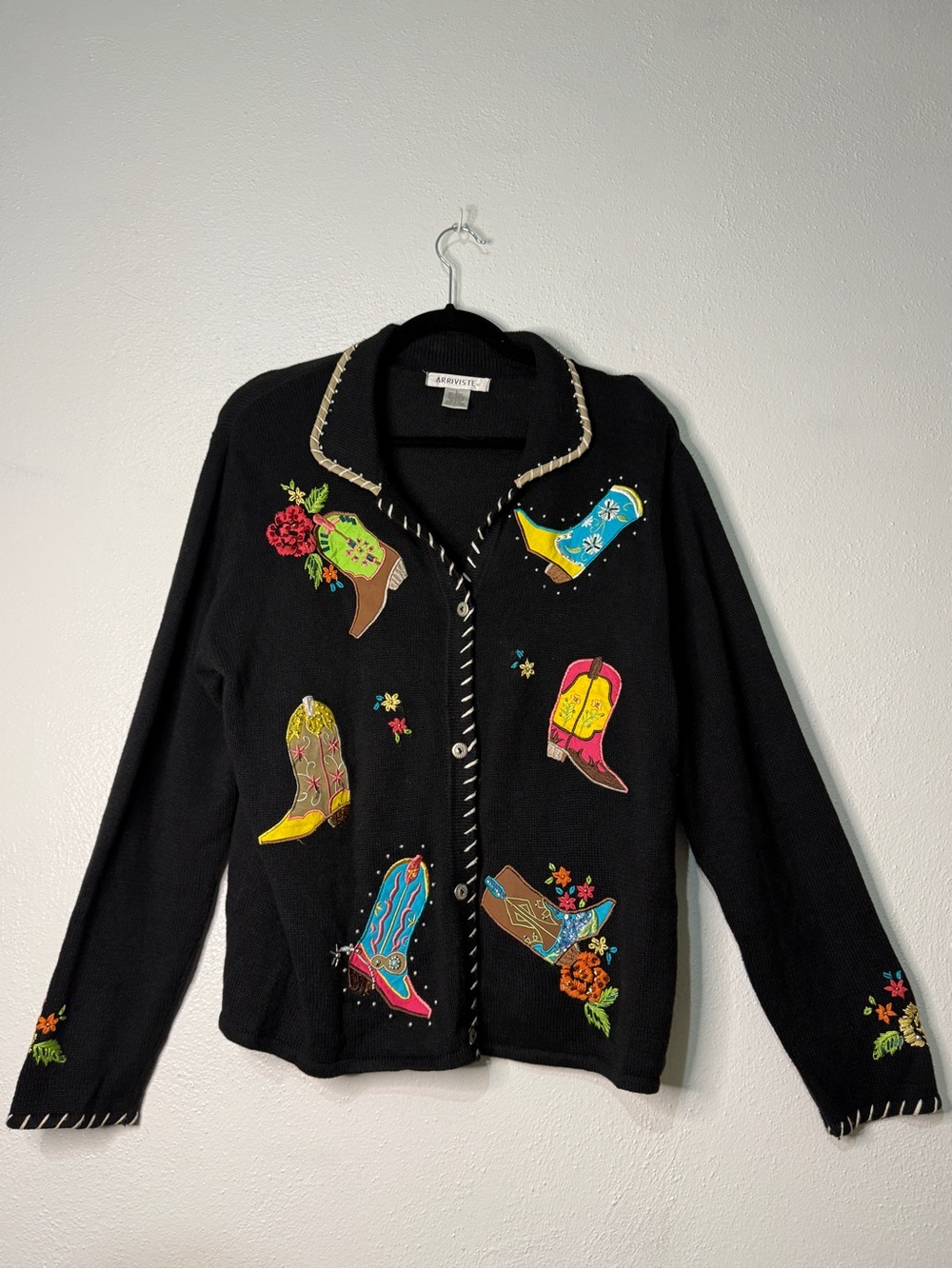 ARRIVISTE Vintage Black Cowgirl Embroidered Boots Cardigan - Sz L.